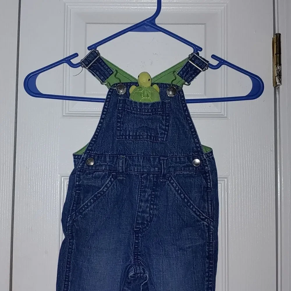 Gymboree Tiny Turtle Out of His Shell Denim Overalls with pocket turtle Sz 3-6M